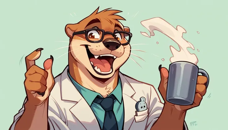 funny doctor otter, with glasses, excited, with a mug a coffe