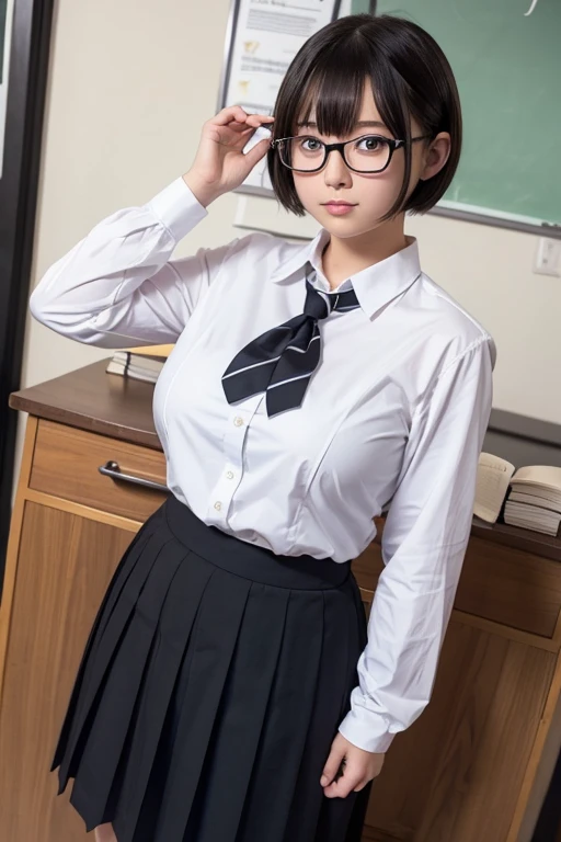 middle School girls、Shorthair、Big Breasts、Big hips、Otaku、school uniform、Black glasses、Long skirt、