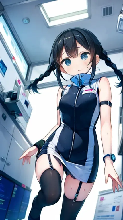 (Highest quality), (masterpiece), 1080P, High resolution, 4K, 8k, Inside the space station、Futuristic room、Thigh straps, Shooting from directly below, The woman on top of me, 白いSweat, Covered , Sweat, Woman looking down, Skirt swimsuit, Thigh-high socks, T...