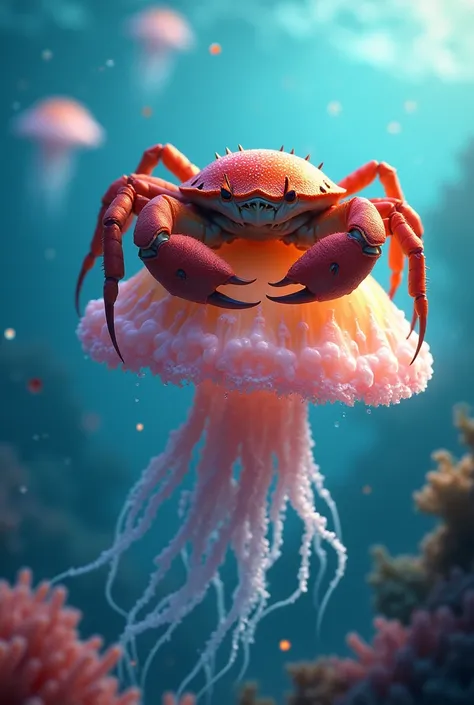 Create an image of a crab on a jellyfish