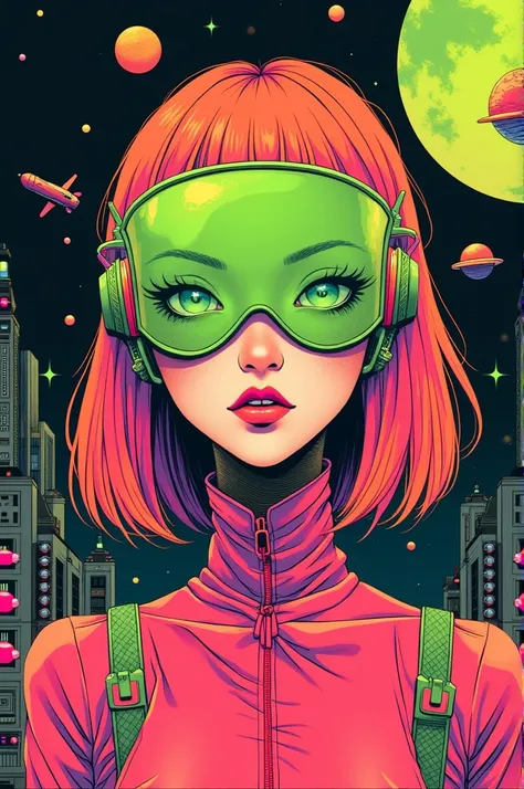 ((best quality)), ((masterpiece)), (detailed), perfect face of cyberpunk mecha japanese girl with neon lime green techno blindfold, neon pink body, neon pink hair, ((monochromatic neon pink, orange and lime green color palette)), surreal, art nouveau, in t...