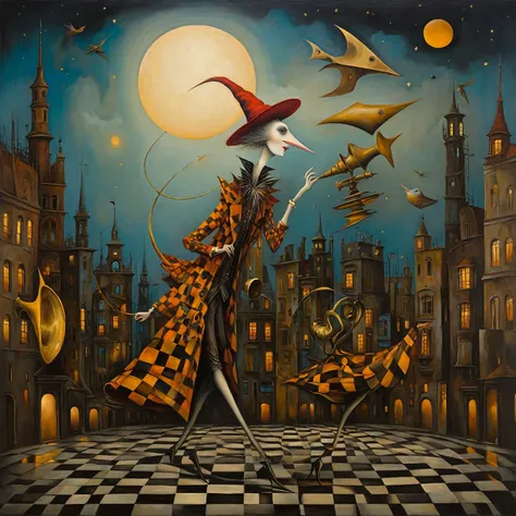 oil painting stylized as leonora carrington, michael parkes, esao andrews and dave mckean, a whimsical figure stands on a checke...