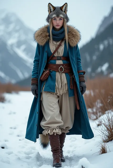  blue long sleeve jacket, paired with the fashionable vest. The long and strange pants that were woven from linen and leather, above the loincloth that surrounds the lower half of the body that is attached to the pants, as well as the lambskin belt that ho...