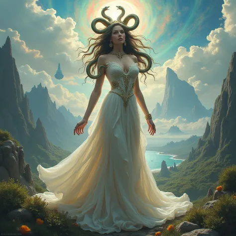  A beautiful woman con serpenti sulla testa in a surreal fantasy landscape featuri The landscape should include towering, otherworldly mountains, floating islands, and a sky filled with vibrant, swirling colors. She should be wearing an elegant, flowing go...