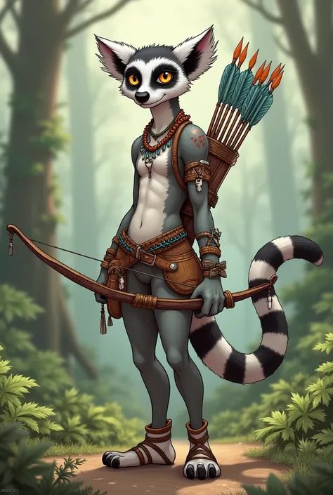 (SeaArt) A female ring tailed lemur. She has a white face with black markings around its eyes and a gray and white fur on her body. She is muscular but slim, is a hunter for her clan and carries a bow, a quiver for her arrows on her back, and a homemade sa...