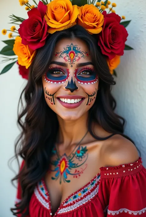 Create a hyper-realistic photograph of a Mexican woman, approximately 1, with wavy hair, dark skin and dark eyes. She must be smiling and wearing a traditional Mexican dress., specifically a charro costume. Makeup should be in the style of a Mexican skull ...