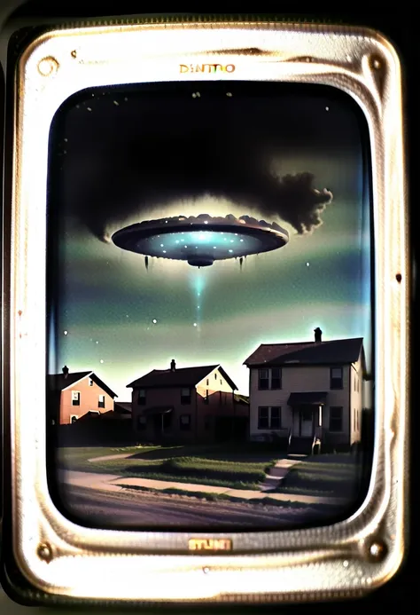 detailed vintage daguerreotype photograph, ufo over homes, people in groups outdoors, hyper realistic, cinematic photography, aw...