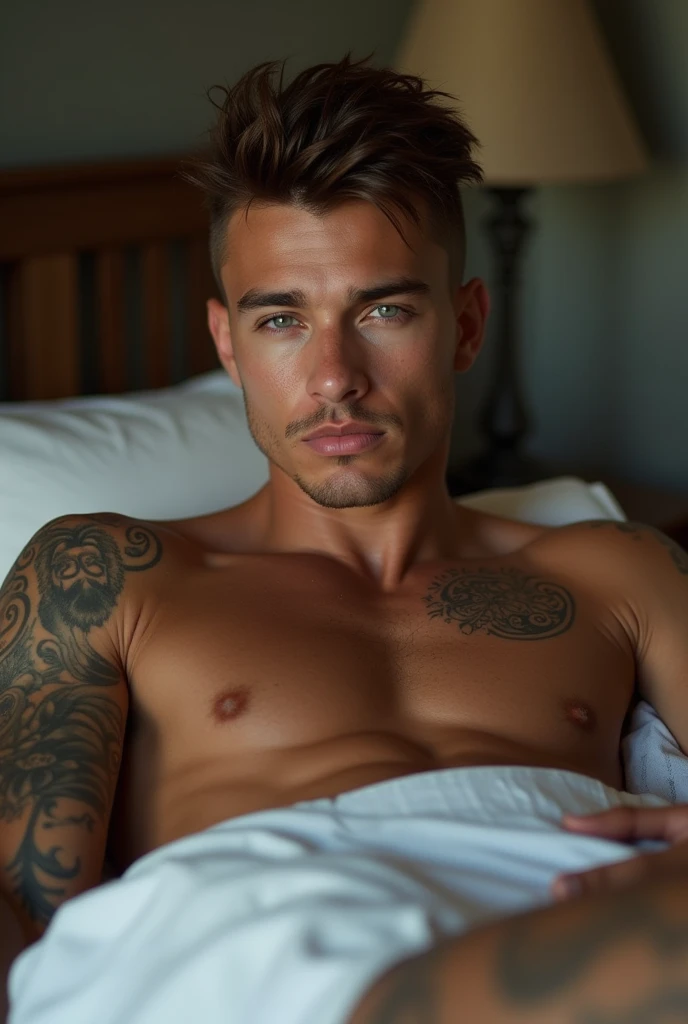 Sensual image of an attractive 20-year-old muscular and tattooed guy with a beautiful Brazilian face and short, chocolate-caramel-colored Nordic Mohawk haircut ,very dark tanned skin, big clear blue eyes, freckles with white boxers in bed