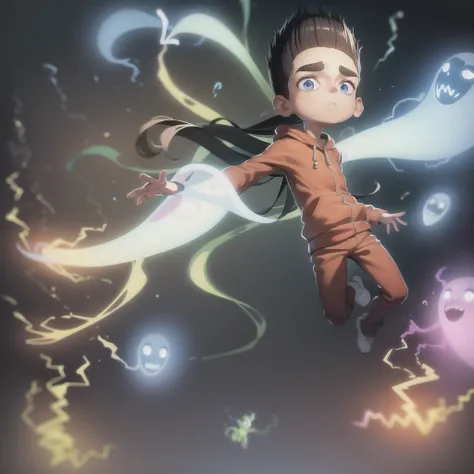 ((masterpiece, best quality)),(complex lighting),1boy,solo, full body, norman, child,thick eyebrows, hoodie,ghost, running,