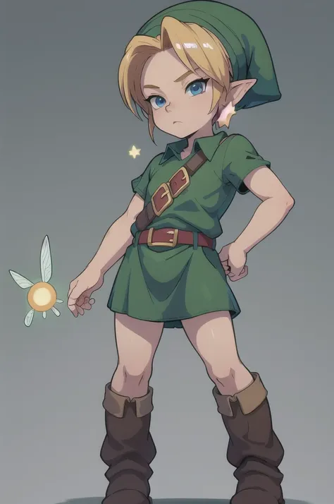 masterpiece, best quality, 1boy, younglink, blonde hair, blue eyes, hat, pointy ears, green tunic, belt, boots, (looking at fair...