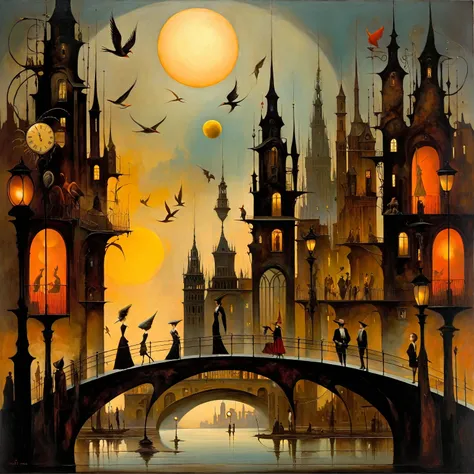 oil painting stylized as leonora carrington, michael parkes, esao andrews and dave mckean, impressionistic cityscape, vibrant sw...