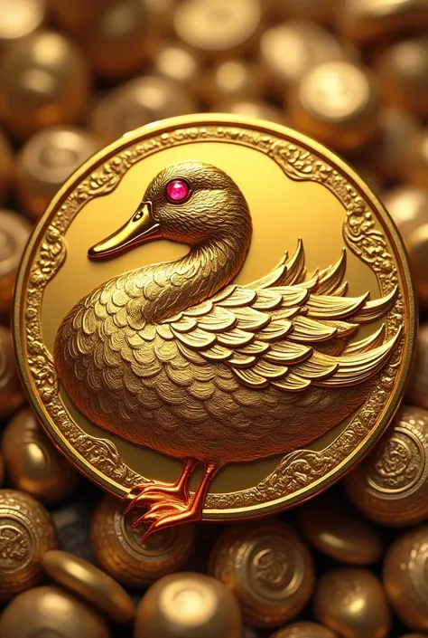 Make a gold coin that has a duck as its main symbol and its eyes are made of ruby