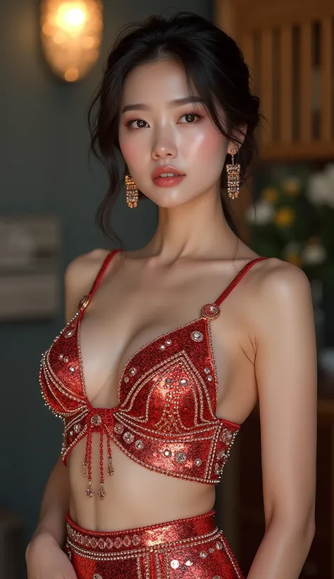 a gorgeous korean girl wearing the most vivid and luxurious glittering outfit, Tight clothing, Best quality, 8k, masterpiece, ultra-detailed, Realistic, photoRealistic, Physically based rendering, Vivid colors, sharpness, studio lighting, vibrant and livel...