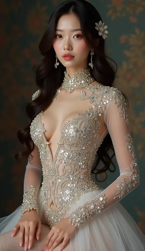 a gorgeous korean girl wearing the most vivid and luxurious glittering outfit, Tight clothing, Best quality, 8k, masterpiece, ultra-detailed, Realistic, photoRealistic, Physically based rendering, Vivid colors, sharpness, studio lighting
