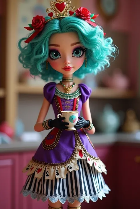 Imagem da filha da Maddie Hatter e da Lizzie Hearts de Ever After High: A teenage girl with short dark turquoise curly hair, mint green and red highlights, pale peach skin, shining blue eyes, outfit with purple top with red and gold details, purple skirt w...