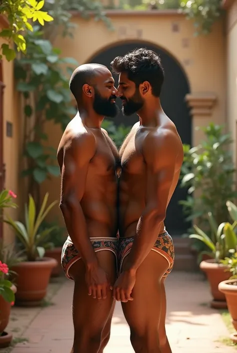 Two South indian gay men doing hardcore sex, in a courtyard of indian palance. Fully nude, courtyard having flowers, sunny day, 