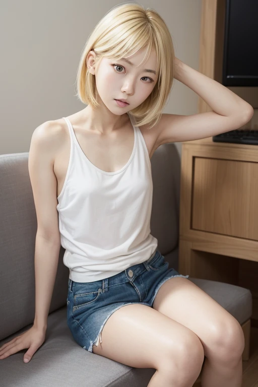 Real Stick,８KCG,High resolution,Create a photo of a Korean Asian teenager,beautiful girl, ((Blonde)),9yo,Narrow eyes:1.5,Slim Face,Underarm,White tank top,No arm hair,Small Face,Slim Face,Ask,Sit on a netcafe praivateroom,
1人の女の子, 足をフレーム外へ,(((もっと平らな胸:1.5))...