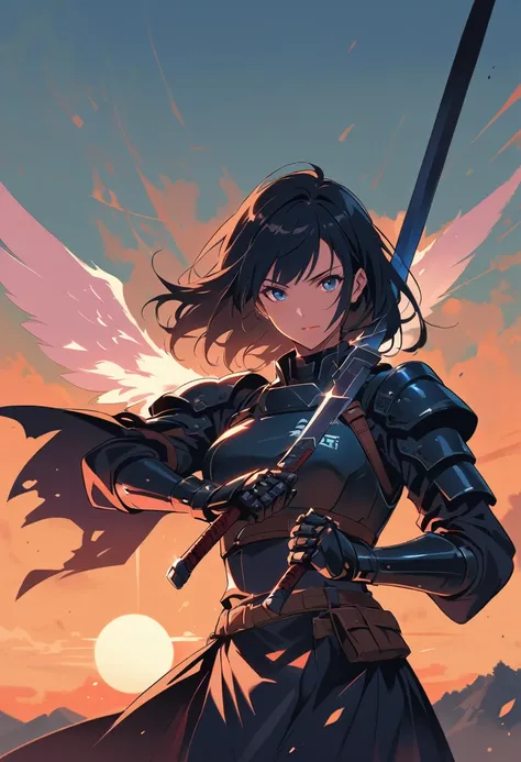 female anime cyborg swordsman with wings, Sword in both hands, atmospheric lights, sunset, monochromic picture, vector graphics, logo design
