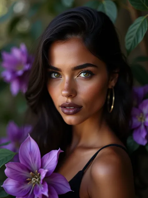 An exquisite full-body portrait of a stunningly beautiful woman with tanned skin and dark hair. Her beauty is accentuated by a radiant aura that surrounds her. She is surrounded by belladonna flowers, their dark purple hues complementing her complexion. He...