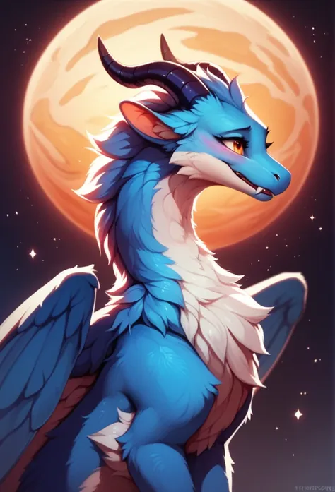 furry art, feral, furred dragon, female, portrait, white and blue fur, thicc, wings, horns, tail, chest fluff, paws, fangs,  ton...