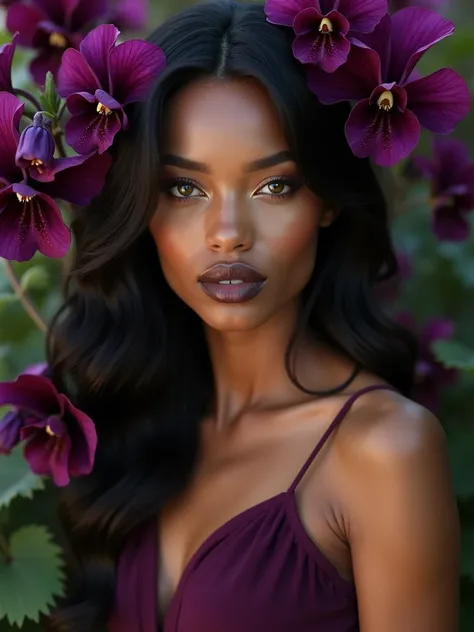 An exquisite full-body portrait of a stunningly beautiful woman with tanned skin and dark hair. Her beauty is accentuated by a radiant aura that surrounds her. She is surrounded by belladonna flowers, their dark purple hues complementing her complexion. He...