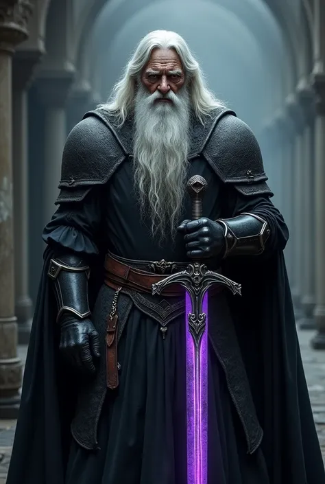 An old Elder  Knight with white long hair in a Black scary armor, Purple fantasy Sword 