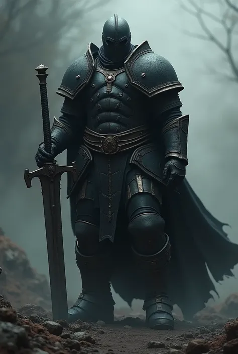 Large man dressed in worn black armor , closed helmet , cape black ,holding a two-handed sword over his shoulder , grimdark .