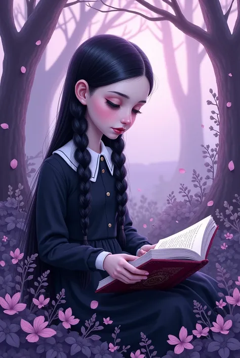 drawings Wednesday Addams reading book lilac background and trees
