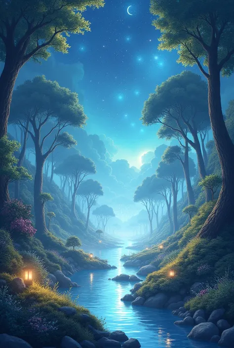 “Create a dreamlike landscape inspired by the theme ‘Elysia.’ The scene should feature a sparkling night sky or a fantastical forest bathed in ethereal light, reminiscent of an idyllic paradise. Use bright and glossy colors, such as soft blues, golds, and ...