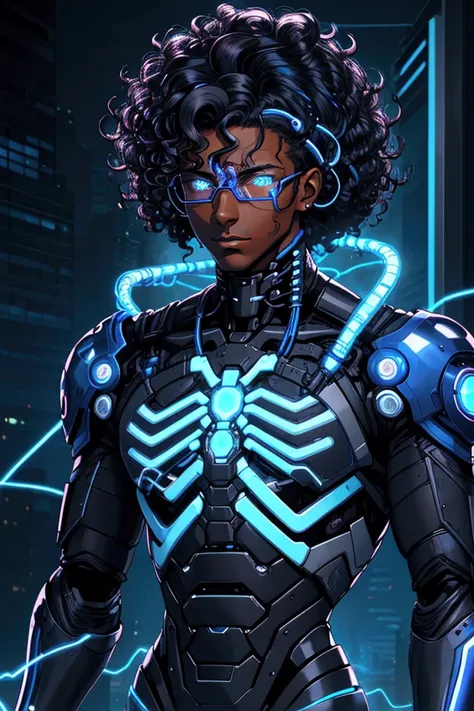 Create a man, dark-skinned, curly hair, Scrawny, Nerd, cyberpunkstyle, with electrical wires in the head, blue colored eyes