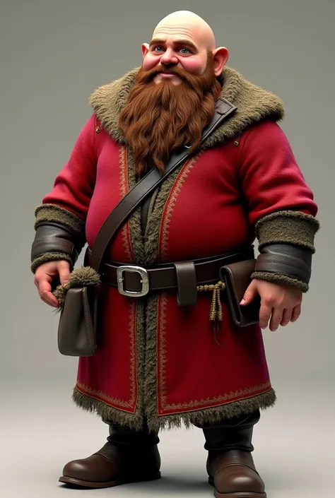 Generate the image of Full-body view of a dwarf, Ori, from "The Hobbit" movie, 110cm tall, wearing a red dress.
