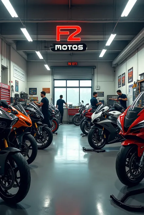 motorcycle workshop with motorcycles undergoing maintenance and logo with the name F2 Motos appearing realistic workshop and popular motorcycles
