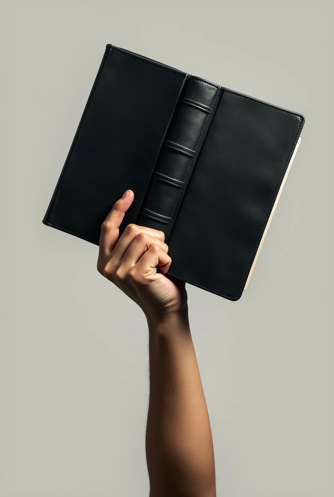 Chat, make me a png image of a hand holding a book from the side, a thick book like a black-covered bible above his head and raised in protest