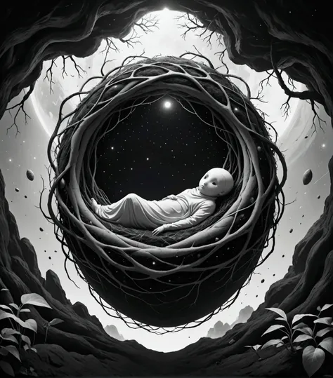  a cocoon with roots in the middle of the black and white universe