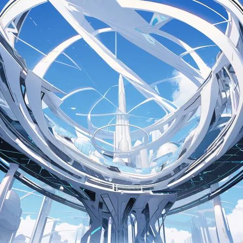 futuristic architecture, elegant white towers, circular floating platforms, clear blue sky, sharp geometric design, minimalist