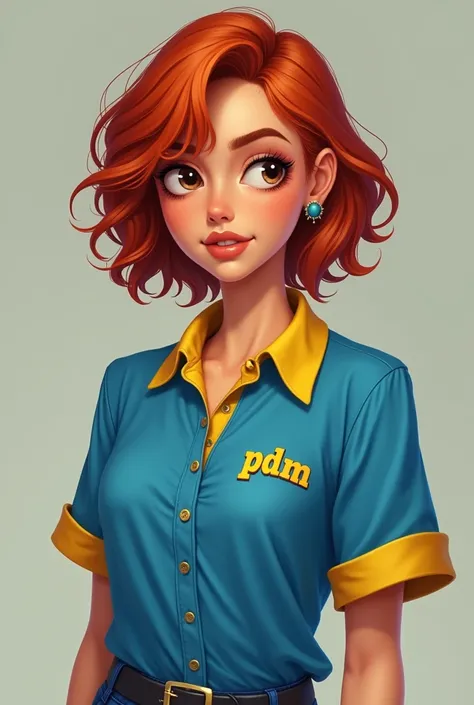 Young adult woman with short red curly hair, medium length, thin face, thin brown skin, wearing a blue polo shirt with a yellow collar and "PDM" embroidery and ugly