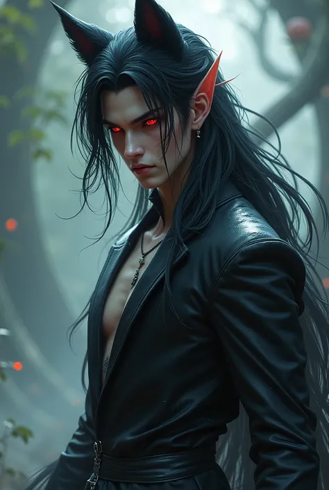 Kitsune male human and elf form with black hair and red eyes