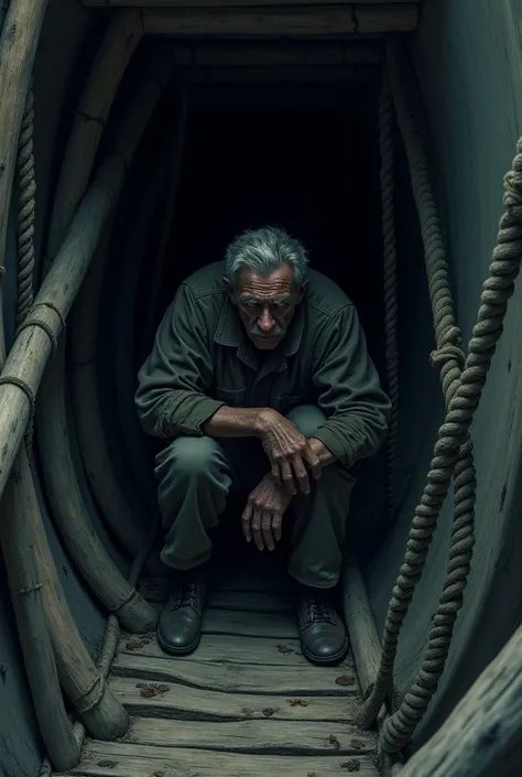 A scared fisherman hiding in the keel of a big boat 