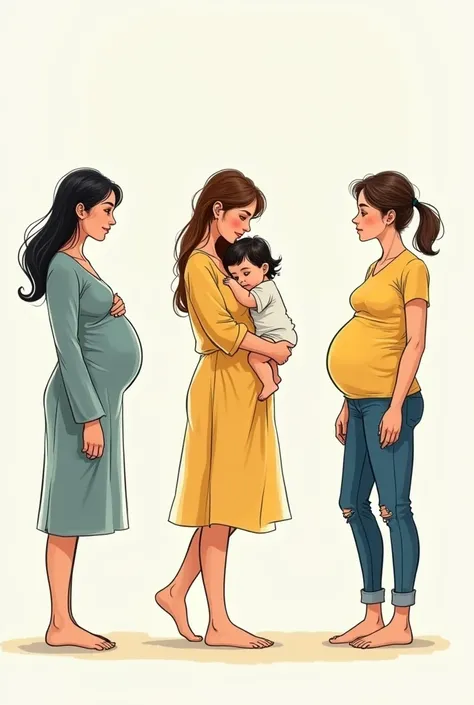 A drawing woman that is pregnant and a woman who is breastfeeding her child. And A woman with a grown up son. Only drawing. Color gold and blue. Not realistic. Cartoon. Sketch.