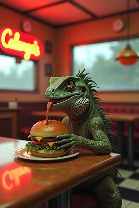 Realistic iguana eating a burger in a simple diner with a sign saying calango&#39;s