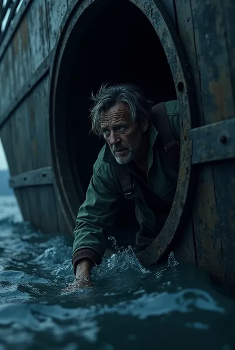 A scared fisherman hiding in the keel of a big boat at night 