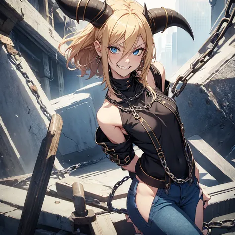 1girl, in full height (Body Full 1.1), Horns, smile, saw teeth, hairlong, looking a viewer, small breasts, punk, low cut jeans, blue eyes, Hair between the eyes, (with grinning shoulders:1.3), black Top transparent, blonde woman, boots, sexy clothes, chain...