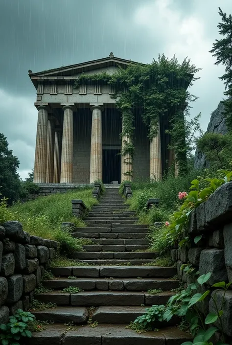 Front view of acropolis of Athens with creepers on its pillars, dark and cold monsoon weather, and small plants like algae and climbing creepers are spread all over its stairs