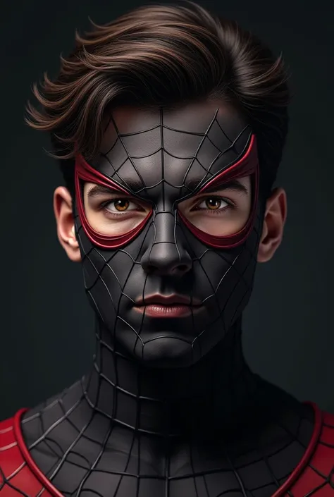 A photograph of spider man, no mask, 20 yo, handsome, detailed face, looking at camera, portrait, 8k uhd, high quality with Mask Like Anime theme black one man generate for Mobile wallpaper 