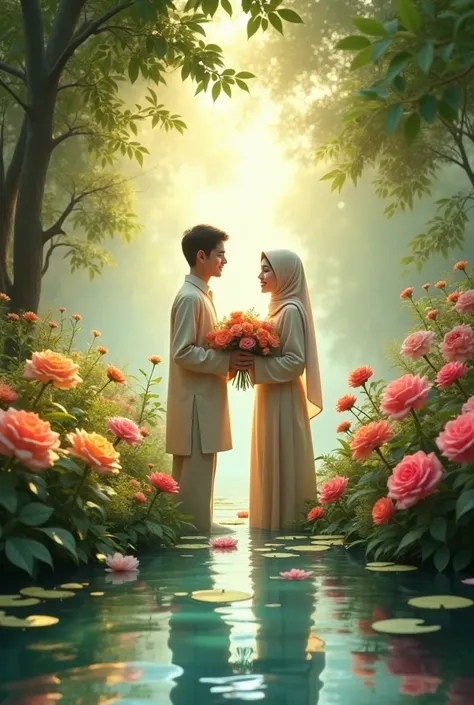 A muslim boy offering love his Muslim girlfriend in a flower garden thats inside a river