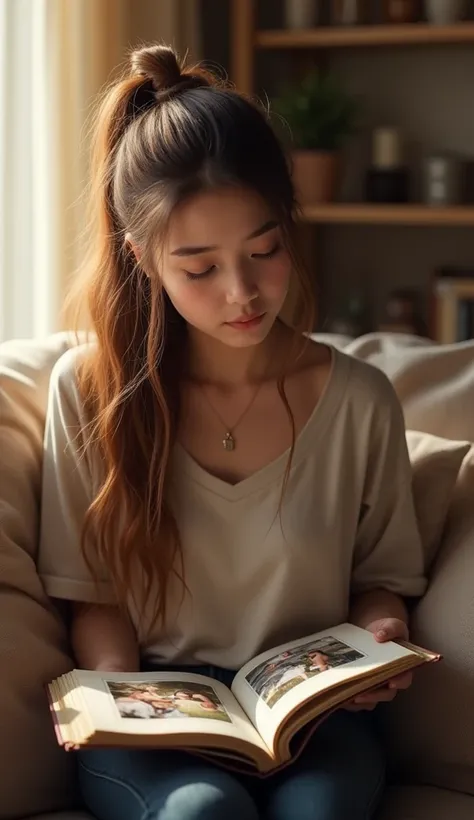 Marta with brown hair with a bit of black tied up looks at her photo album sitting on her sofa. 