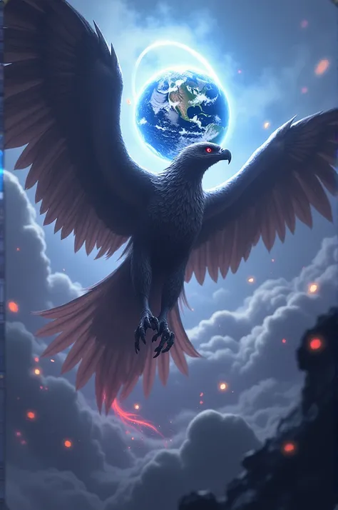 Make me a photo of Skywrath. An eagle with red eyes and dangerous looks flying and earth is on his head. Use Skywrath name in image