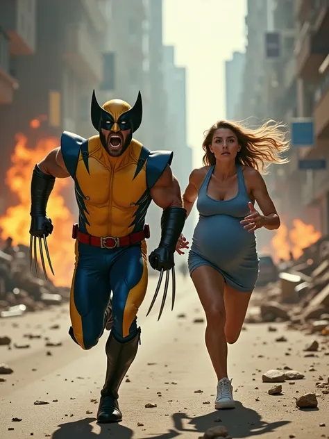 Capture Wolverine from Marvel, wearing his iconic yellow and blue suit, sprinting with an exaggeratedly frightened expression. His muscular body is in full motion, claws extended, as he runs. Behind him, his pregnant wife, with a prominent belly, is also r...