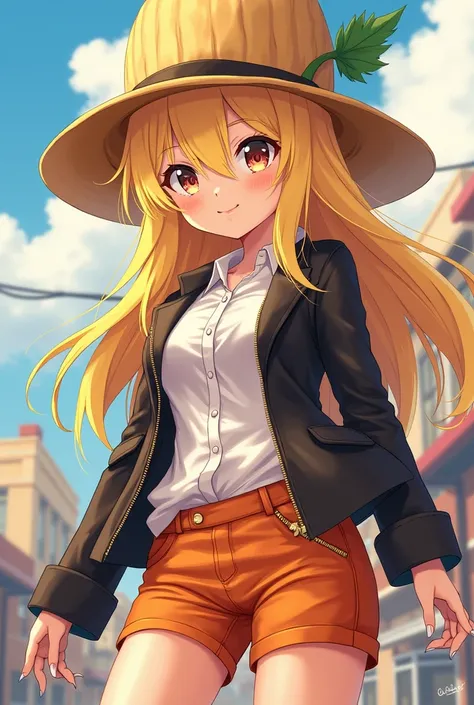 A unique fusion of anime characters, featuring Cynthia and Mr. Peanut. Cynthia is shown with blonde hair, a stylish outfit, and her signature sunglasses. She is fused with Mr. Peanut, who has an anime-style design, wearing a peanut-shaped hat and having a ...