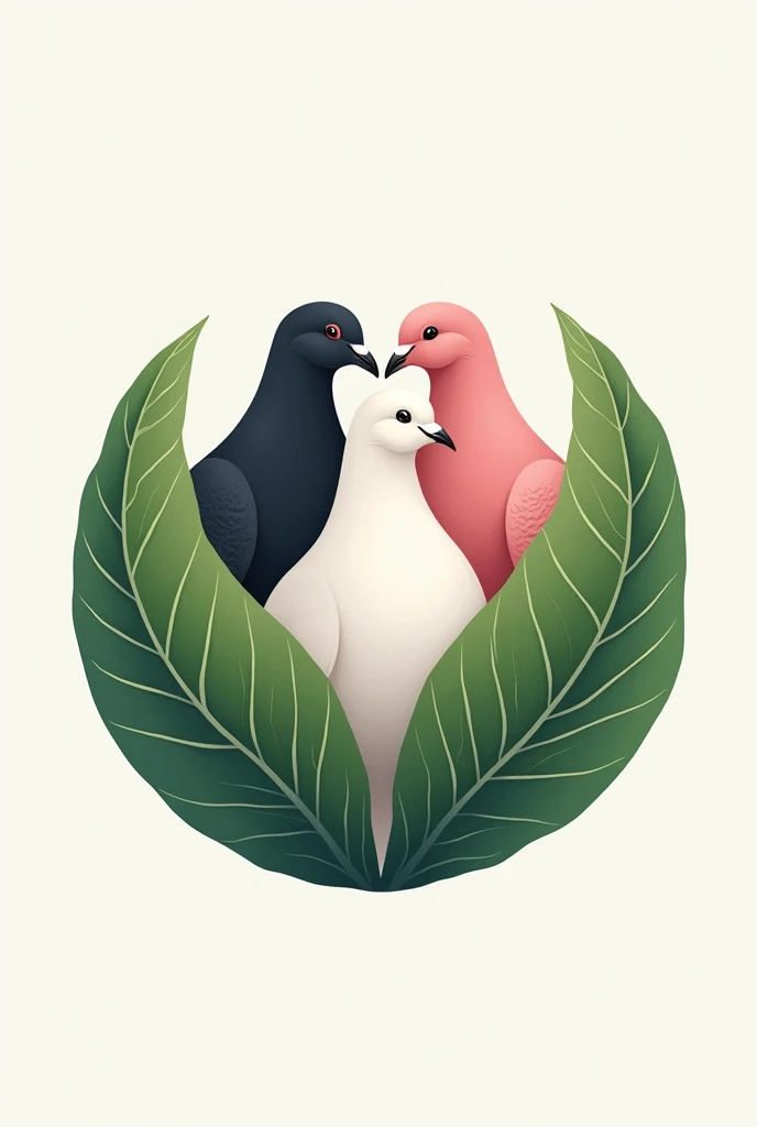 A logo design with a white pigeon, a black pigeon, a pink pigeon together between two beautiful leaves